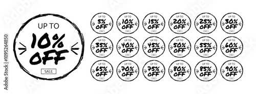 Set of discount labels in scribbled circle shape. Up to 5, 10, 15, 20, 25, 30, 35, 40, 45, 50, 55, 60, 65, 70, 75, 80, 85, 90 percent off sale. photo