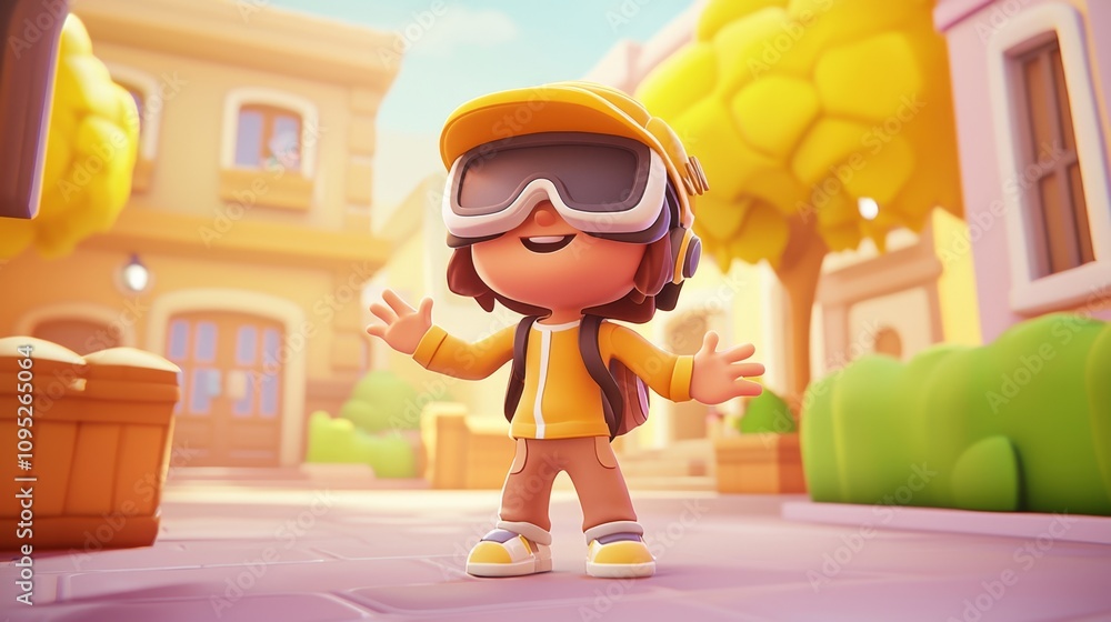 AI in Virtual Reality Pastel colored 3D cartoon style illustration.