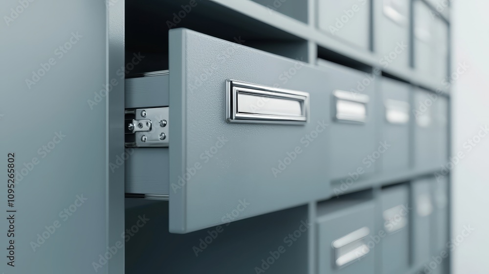 Close-up of open file cabinet drawer in modern office environment Close-up of open file cabinet drawer in modern office environment