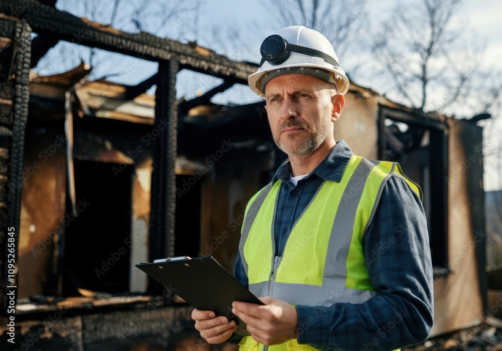 Building inspector wearing safety vest and helmet evaluating fire damage, holding clipboard and inspecting burnt house Building inspector wearing safety vest and helmet evaluating fire damage, holding clipboard and inspecting burnt house