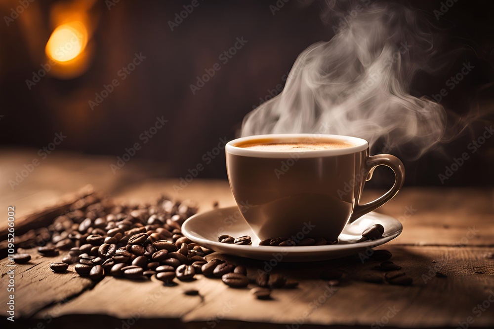 Create a high-quality image of a steaming cup of coffee on a rustic wooden table, with warm lighting and a cozy atmosphere. Create a high-quality image of a steaming cup of coffee on a rustic wooden table, with warm lighting and a cozy atmosphere.