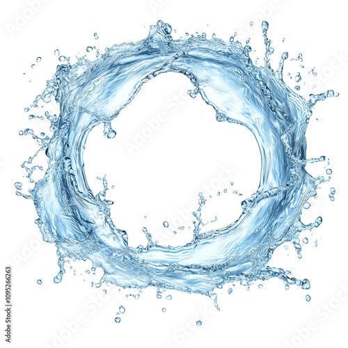Water drops and splashes forming an abstract ring or circular frame isolated on transparent background