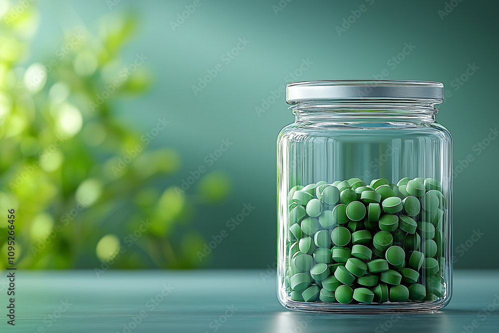 Transparent glass jar with green round pills. Health and care concept. Pills, dietary supplements or cosmetics and aids. Minimalism. Transparent glass jar with green round pills. Health and care concept. Pills, dietary supplements or cosmetics and aids. Minimalism.