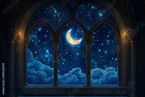 Serene Moonlit Night Through Elegant Arched Window