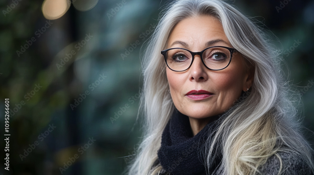 Banner showing elegant woman with silver hair and glasses outdoors amidst blurred green backdrop Banner showing elegant woman with silver hair and glasses outdoors amidst blurred green backdrop
