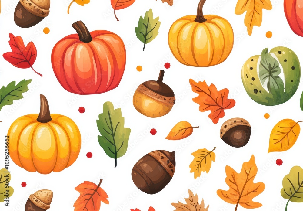 Seamless pattern of autumn pumpkins leaves and acorns Seamless pattern of autumn pumpkins leaves and acorns