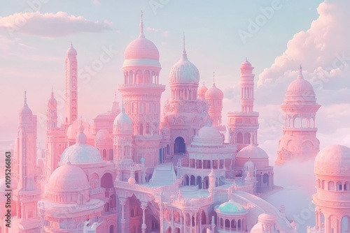 Dreamy Pastel Fantasy Cityscape at Sunset