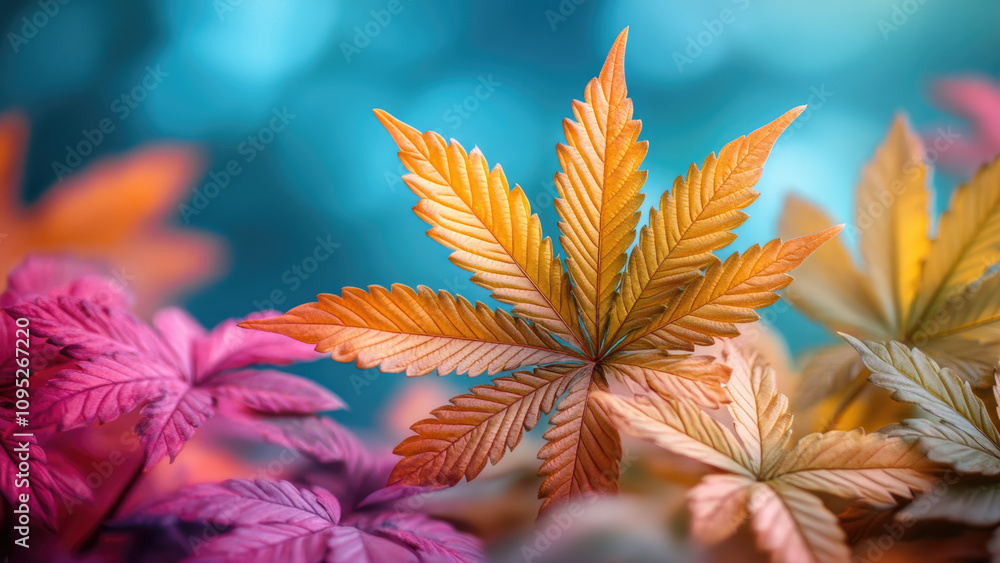 Close-Up of Colorful Cannabis Leaves with Vibrant Hues of Orange and Purple Close-Up of Colorful Cannabis Leaves with Vibrant Hues of Orange and Purple
