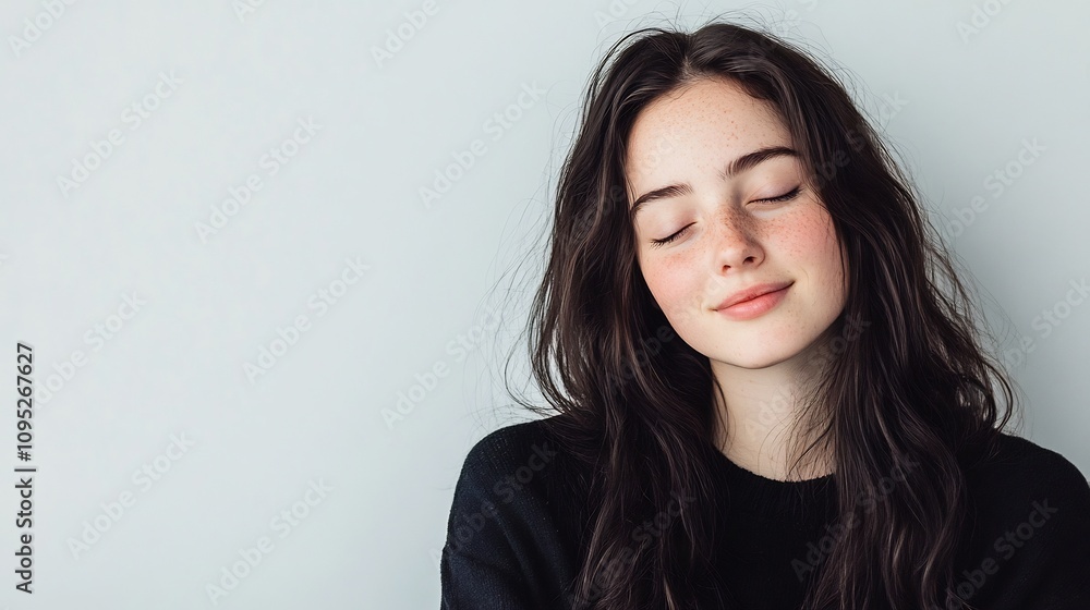 Serene Young Woman with Eyes Closed, Portrait Photography Against a Light Grey Wall. AI Generated Serene Young Woman with Eyes Closed, Portrait Photography Against a Light Grey Wall. AI Generated