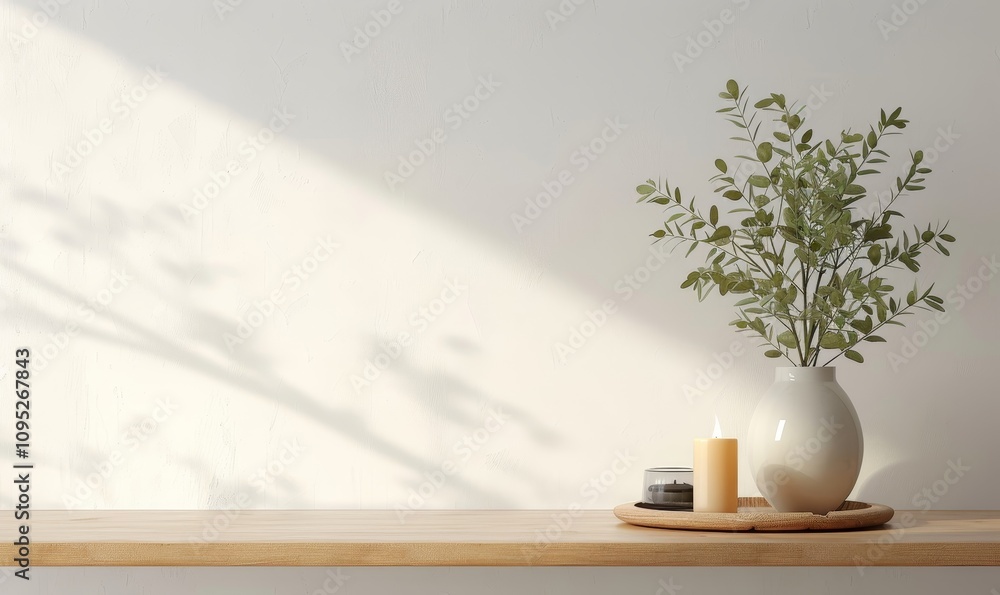 Traditional interior wall mockup with green twigs in vase and candle standing on light brown wooden table on empty white background. 3D rendering, Generative AI Traditional interior wall mockup with green twigs in vase and candle standing on light brown wooden table on empty white background. 3D rendering, Generative AI