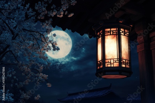 Serene Moonlight with Lantern and Blossoms