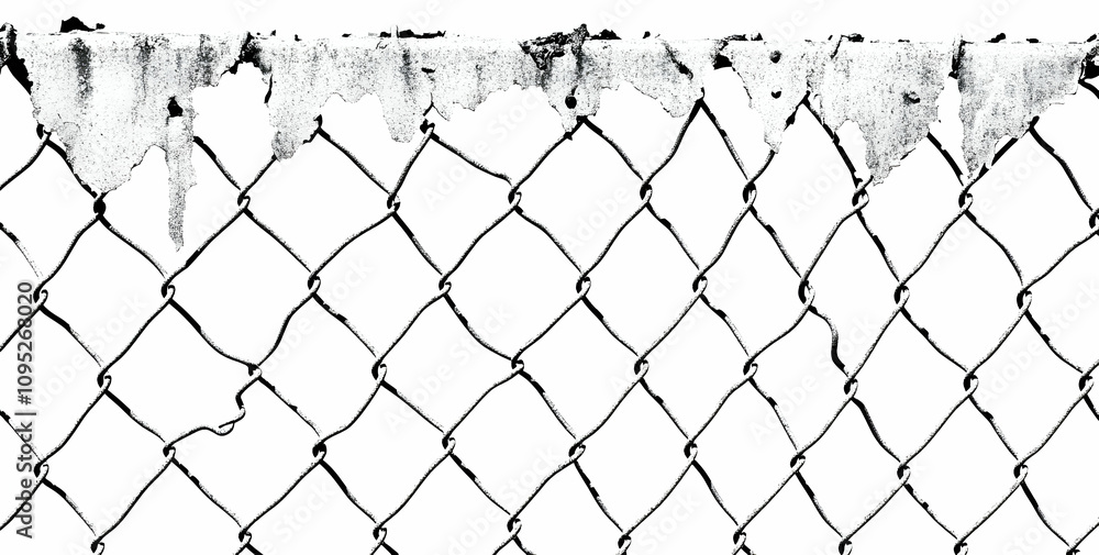 Black and White Silhouette of an Old Tattered Chain Link Fence with Peeling Paint and Rusted Metal with a Distressed Vintage Aesthetic Black and White Silhouette of an Old Tattered Chain Link Fence with Peeling Paint and Rusted Metal with a Distressed Vintage Aesthetic