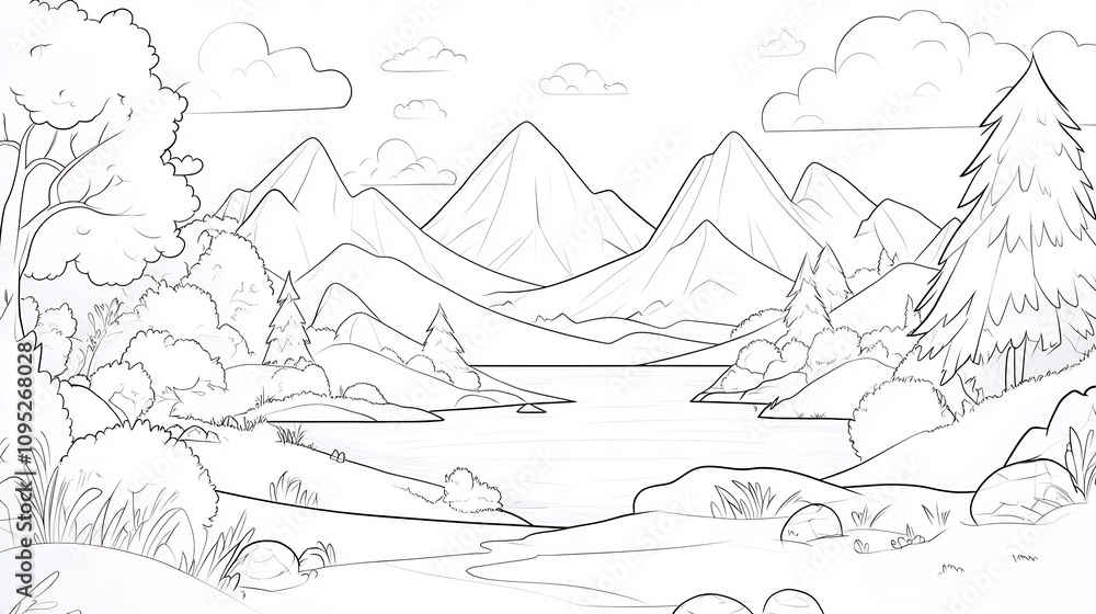 Serene Lakeside Mountain Range: Hand-Drawn Landscape Illustration. AI Generated Serene Lakeside Mountain Range: Hand-Drawn Landscape Illustration. AI Generated