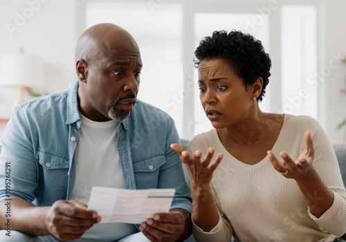 Worried couple reacting to bad news while reading a letter, experiencing financial problems and home budget issues