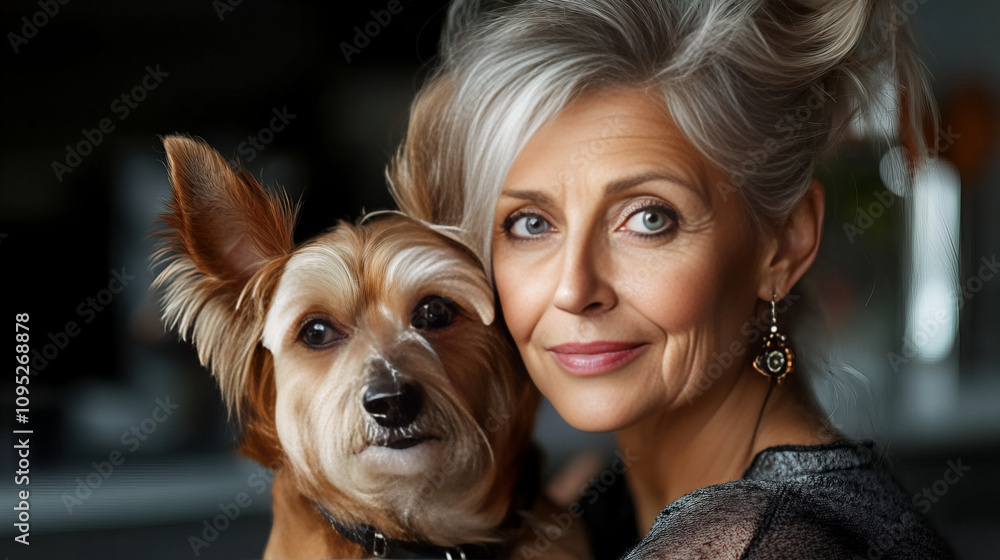 Banner showcasing elegant character hugging cute dog inside, with stylish decor and soft lighting on a special day Banner showcasing elegant character hugging cute dog inside, with stylish decor and soft lighting on a special day
