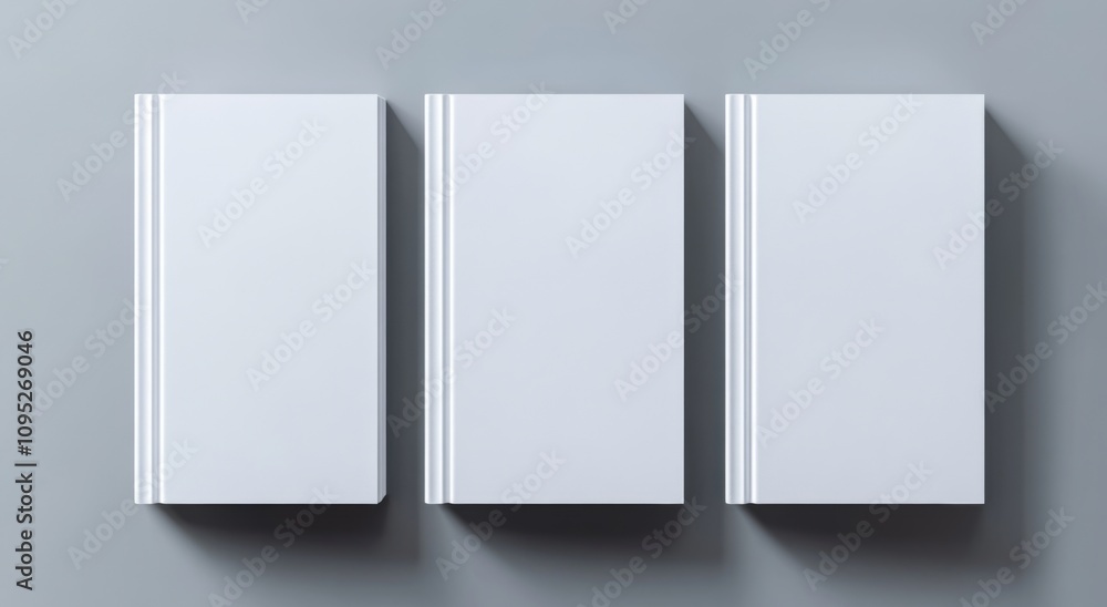 3D rendering of three blank white book cover mockups viewed from the top, set against a softly blurred gray background. 3D rendering of three blank white book cover mockups viewed from the top, set against a softly blurred gray background.