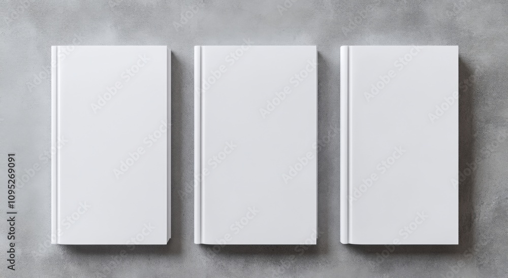 3D rendering of three blank white book cover mockups viewed from the top, set against a softly blurred gray background. 3D rendering of three blank white book cover mockups viewed from the top, set against a softly blurred gray background.