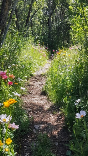 Nature walk through a colorful wildflower path forest setting photography lush environment serene viewpoint for relaxation