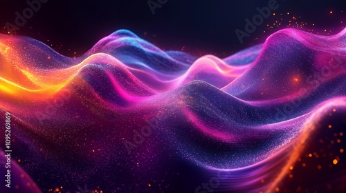 A vibrant, colorful wave of light patterns flows gracefully, creating a mesmerizing visual effect with hues of pink, blue, and orange against a dark background.