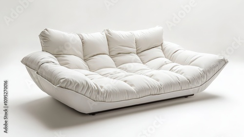 Modern white sofa with plush cushions on minimalist background