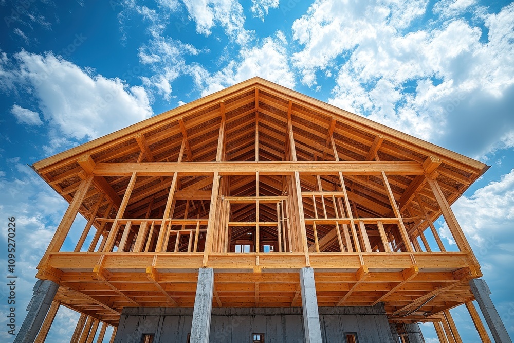 Photo of a new wooden house frame under construction on a clear sunny day. Photo of a new wooden house frame under construction on a clear sunny day.