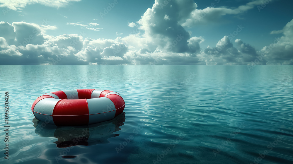 Naklejka premium Lone lifebuoy floating in tranquil ocean under vast cloudy sky