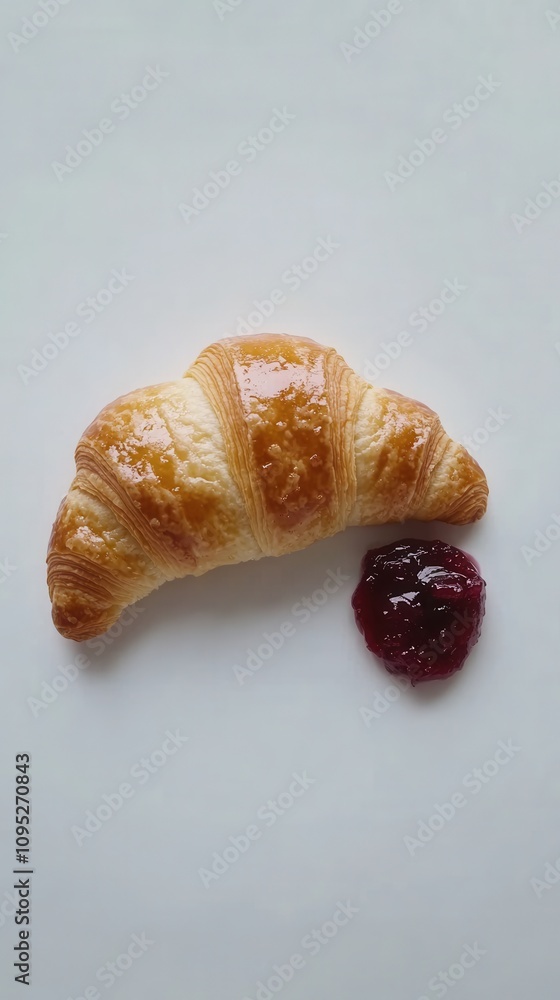 きれいな白い背景にジャムを塗ったクロワッサンを空から撮影したミニマリストな画像 きれいな白い背景にジャムを塗ったクロワッサンを空から撮影したミニマリストな画像
