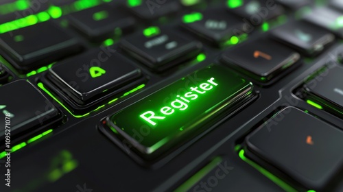 A close-up of a keyboard featuring a glowing green "Register" key, emphasizing digital interaction and user engagement.