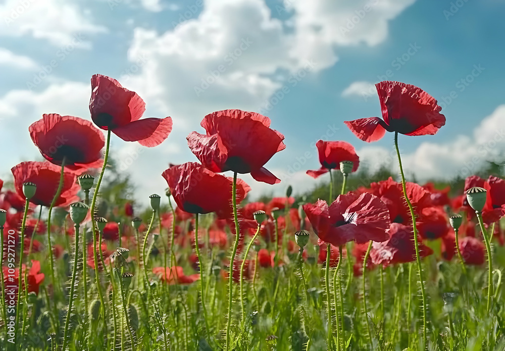 Obraz premium A Captivating Field of Vibrant Red Poppies Swaying Gracefully Under a Bright Blue Sky with Fluffy Clouds and Sunlight Filtering Through