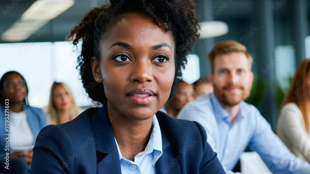 Young black African American woman speaking at a business meeting in an office with diverse colleagues in the background Young black African American woman speaking at a business meeting in an office with diverse colleagues in the background
