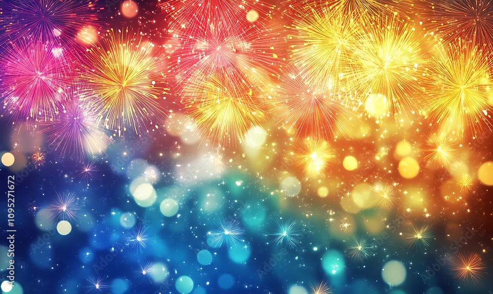 Obraz premium Vibrant Fireworks Display Against Dark Blue Sky