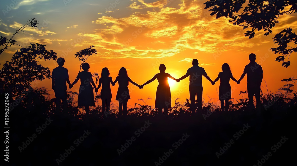 Group of People Holding Hands at Sunset, Symbolizing Unity, Connection, and Friendship Amidst Nature's Beautiful Colors in the Background Group of People Holding Hands at Sunset, Symbolizing Unity, Connection, and Friendship Amidst Nature's Beautiful Colors in the Background
