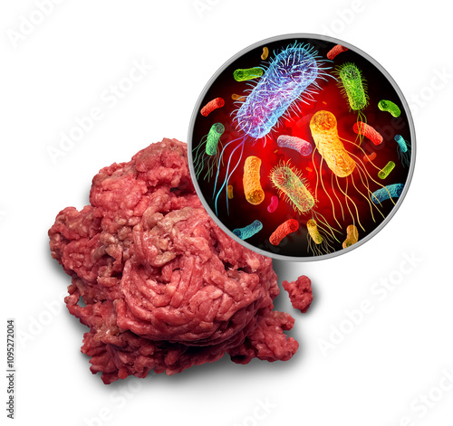 E Coli Salmonella Contamination as a Foodborne pathogen and bacteria germs on raw minced meat and the health risk eating contaminated food as a public safety concept  photo