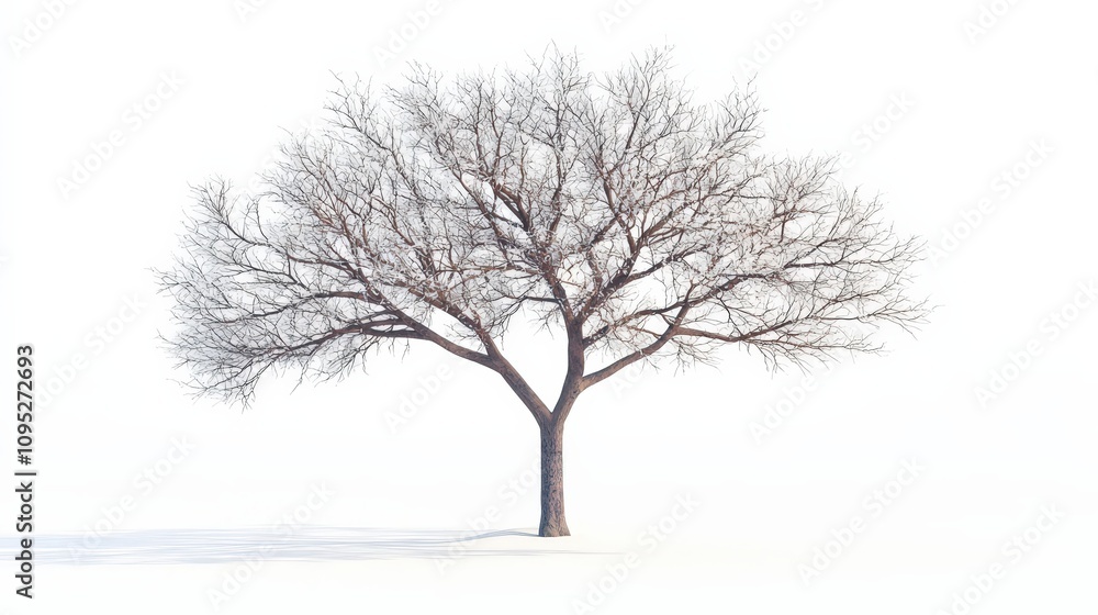 Solitary tree in winter landscape with bare branches against white background Solitary tree in winter landscape with bare branches against white background