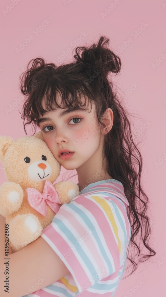 パステルピンクの背景の中でテディベアを抱きしめる少女の楽しい瞬間 パステルピンクの背景の中でテディベアを抱きしめる少女の楽しい瞬間