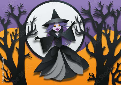 A vector illustration in a paper-cut style depicting an evil witch in a mystical forest. The silhouette of the menacing witch, with a hat and outstreched hands, stands amidst twisted trees.