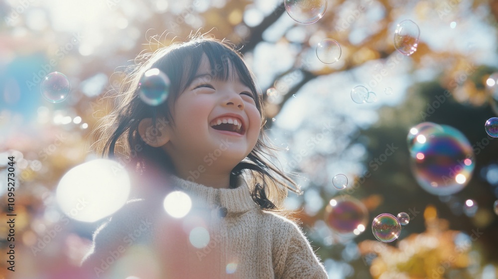 春の自然の中で泡を吹いて喜ぶ日本の子供