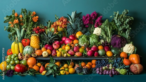 Vibrant fresh produce display indoor market food photography colorful setting eye-level view healthy lifestyle