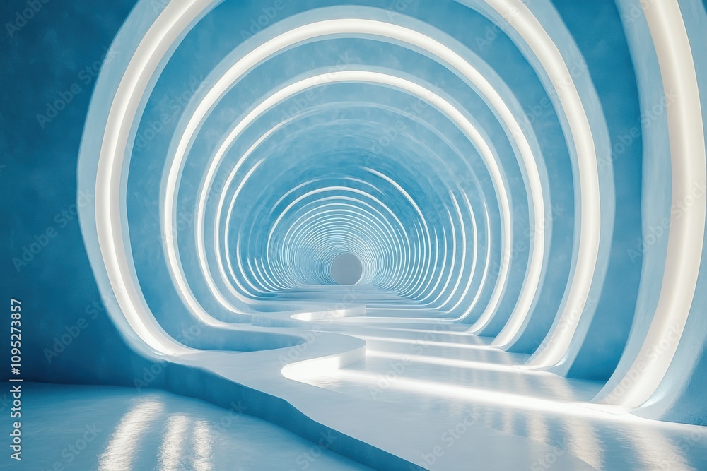 Obraz premium Futuristic Abstract Tunnel Design with Circular Light Patterns and Smooth Pathway in Soft Blue Hues Creating a Dreamlike Perspective for Modern Spaces