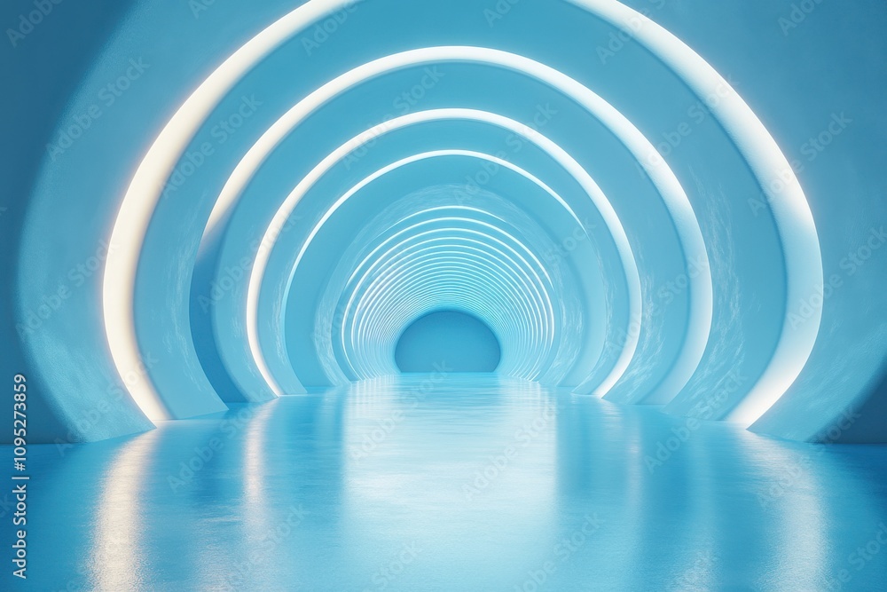 Fototapeta premium Futuristic Blue Archway Tunnel with Smooth Reflective Surface and Illuminated Curved Walls Creating a Modern and Serene Atmosphere for Architectural Backgrounds