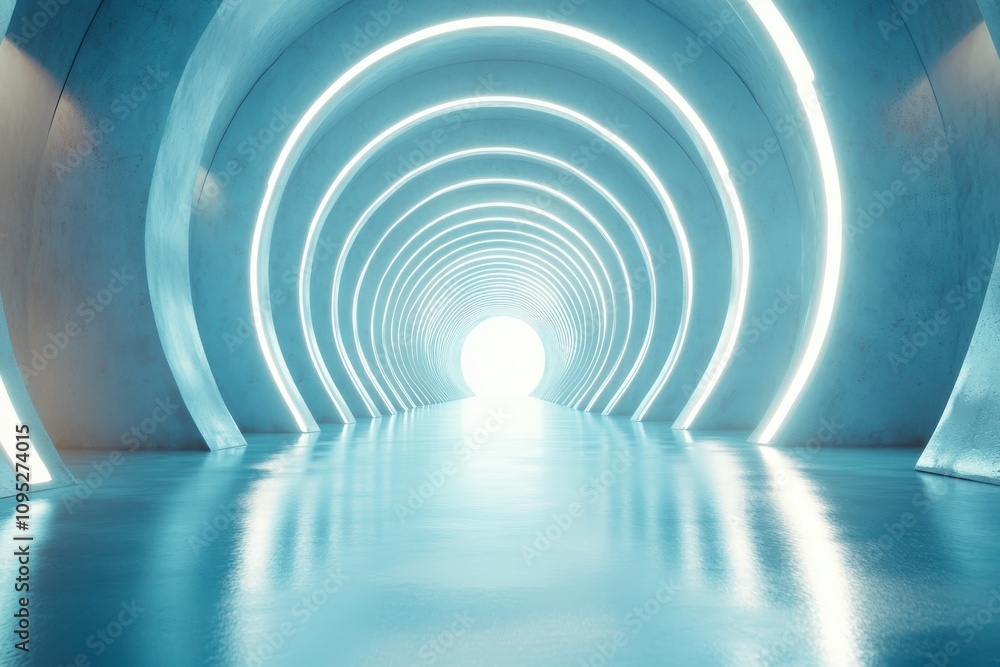 Obraz premium Futuristic Tunnel with Glowing Neon Lights and Reflections, Creating a Mystical Pathway to a Bright Exit in a Modern Architectural Space