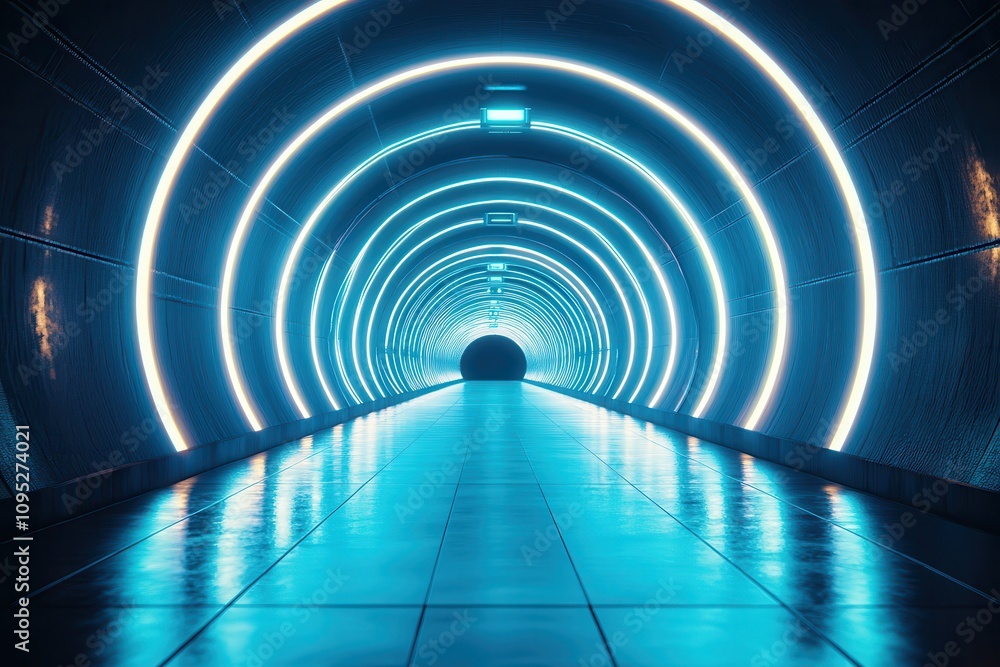 Futuristic Neon Tunnel with Glowing Circular Lights and Smooth Reflective Floor, Creating a Surreal Atmosphere of Mystery and Intrigue in a Dark Environment Futuristic Neon Tunnel with Glowing Circular Lights and Smooth Reflective Floor, Creating a Surreal Atmosphere of Mystery and Intrigue in a Dark Environment