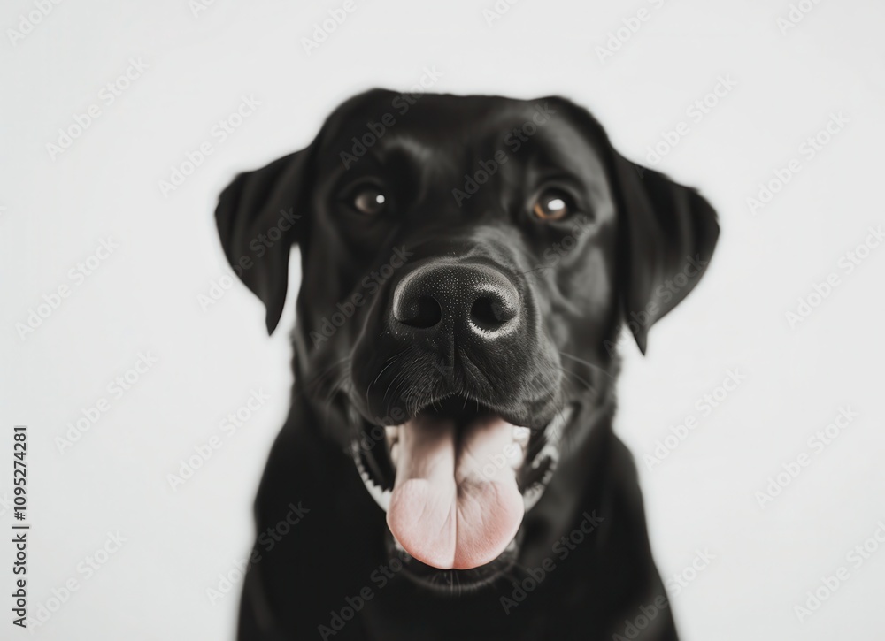 Happy Black Labrador Retriever Dog Sitting Against a White Background with a Joyful Expression and Panting Tongue, Ideal for Pet Lovers and Animal Enthusiasts Happy Black Labrador Retriever Dog Sitting Against a White Background with a Joyful Expression and Panting Tongue, Ideal for Pet Lovers and Animal Enthusiasts