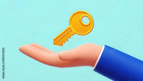 3D technology enhances cybersecurity with biometrics. Golden Key Floating Above a Hand in a Bright Blue Background