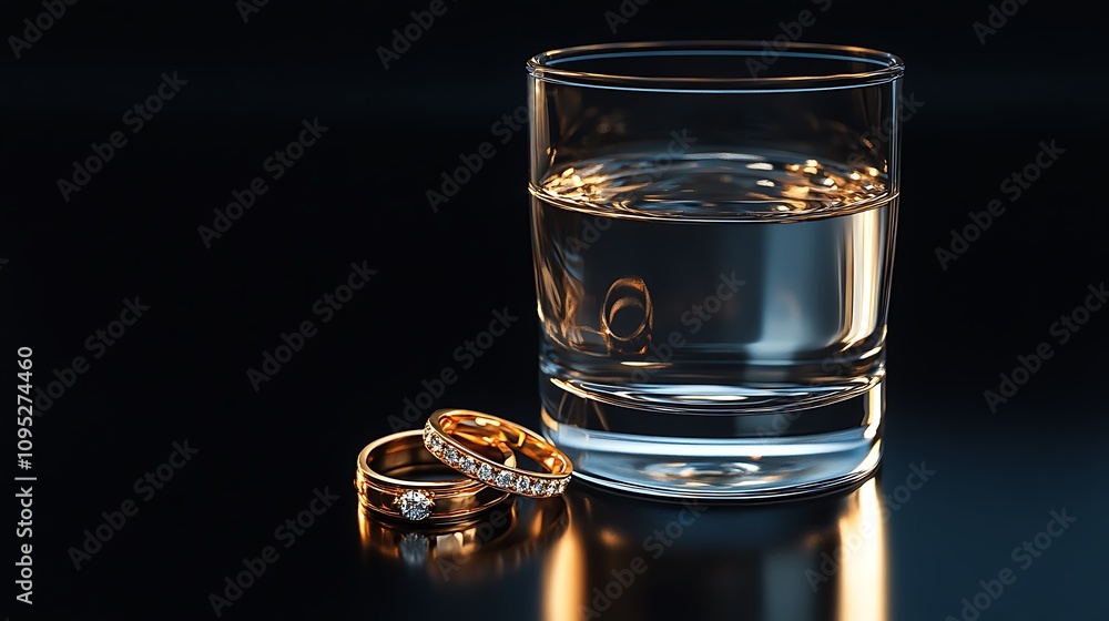 A wide-angle shot of a glass of water with gold rings placed beside it, set against a black background, emphasizing the contrast between the clear water and the rich golden hues of the rings A wide-angle shot of a glass of water with gold rings placed beside it, set against a black background, emphasizing the contrast between the clear water and the rich golden hues of the rings