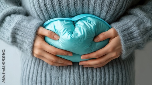 A person holding a hot water bottle against their abdomen for soothing relief. photo