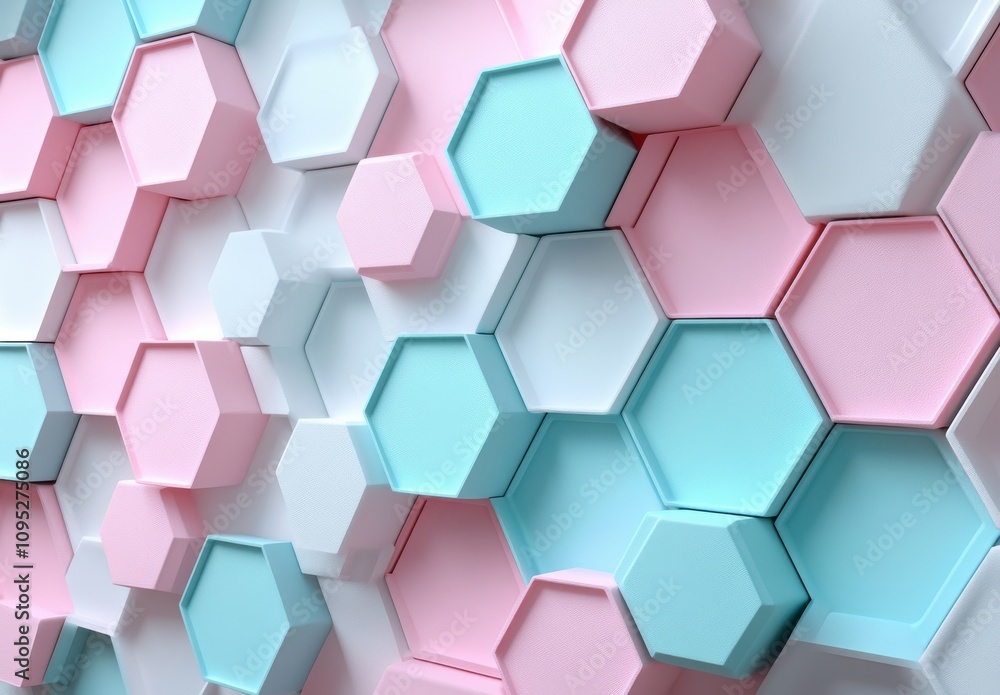 Intricate Geometric Pattern of Interlocking Hexagons in Soft Pastel Colors of Pink, Blue, and White Creating a Stylish Modern Wall Design for Contemporary Spaces Intricate Geometric Pattern of Interlocking Hexagons in Soft Pastel Colors of Pink, Blue, and White Creating a Stylish Modern Wall Design for Contemporary Spaces