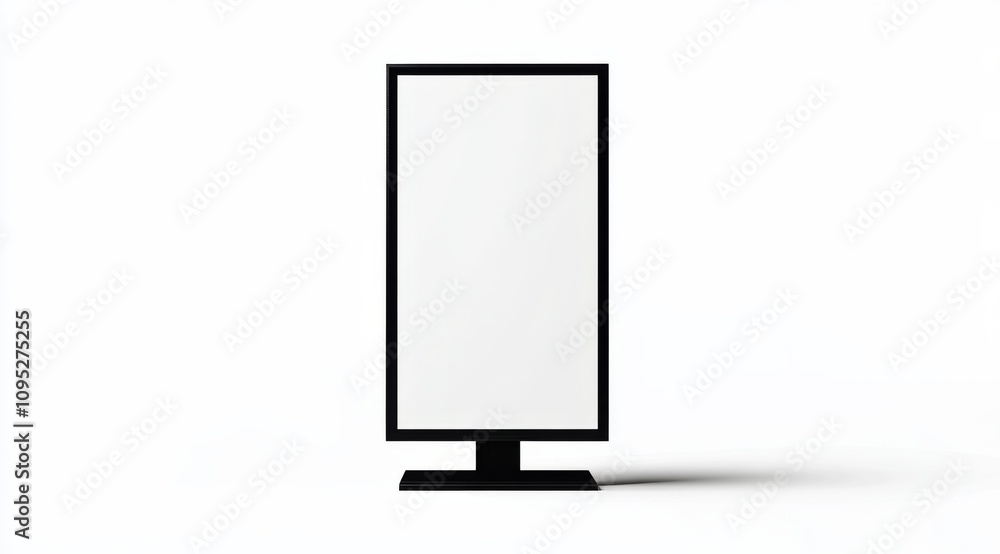 mockup of an empty vertical billboard on a white background, with a grey stand at the bottom, front view mockup of an empty vertical billboard on a white background, with a grey stand at the bottom, front view