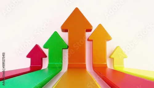 3D charts showcase growth milestones. Colorful upward arrows in varying sizes pointing towards a bright future