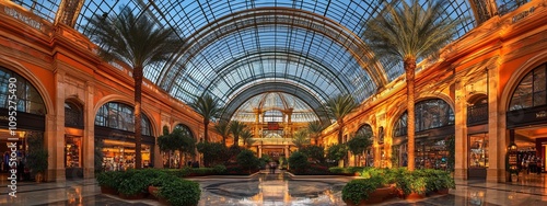 Wallpaper Mural Skylit Atrium with Palm Trees: The Heart of a Vibrant Mall.Concept of Urban oasis, luxury, retail therapy, escapism, modern architecture,Retail, real estate development, interior design, tourism Torontodigital.ca